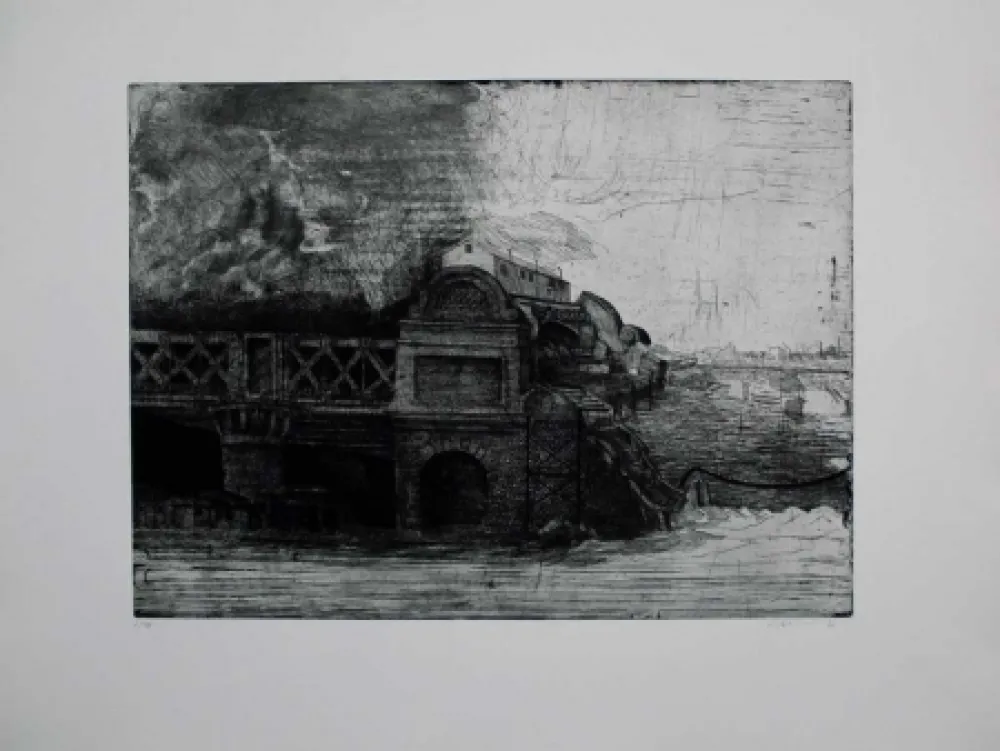 Etching And Aquatint Ackermann - Eisenbahnbrücke / Railroad Bridge