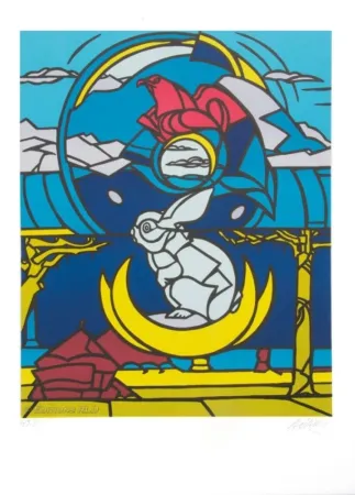 Lithograph Adami - Le lapin, l'aigle et la lune