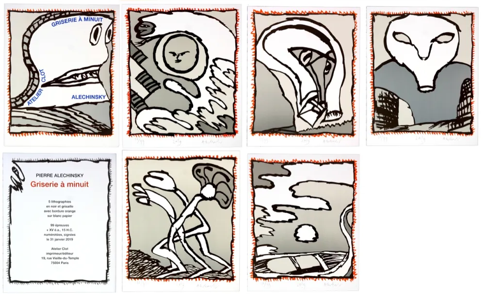 Lithograph Alechinsky - Griserie à minuit 1, 2, 3, 4, 5, 6  (Complete suite)