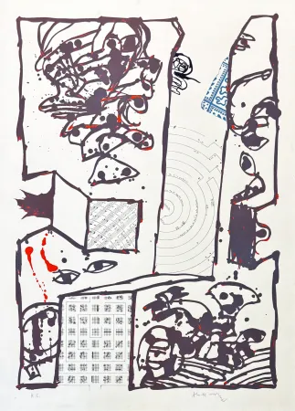 Lithograph Alechinsky - Pierre Alechinsky (1927) – Chutes et panaches, avec extraits de partitions labyrinthiques de Jean-Yves Bosseur – Lithograph on paper – 2001