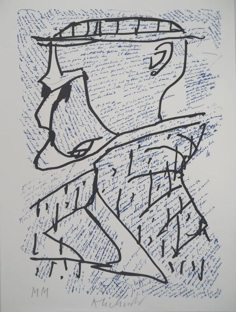 Lithograph Alechinsky - Portrait surréaliste avec Marcel Moreau