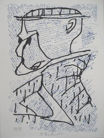 Lithograph Alechinsky - Portrait surréaliste avec Marcel Moreau