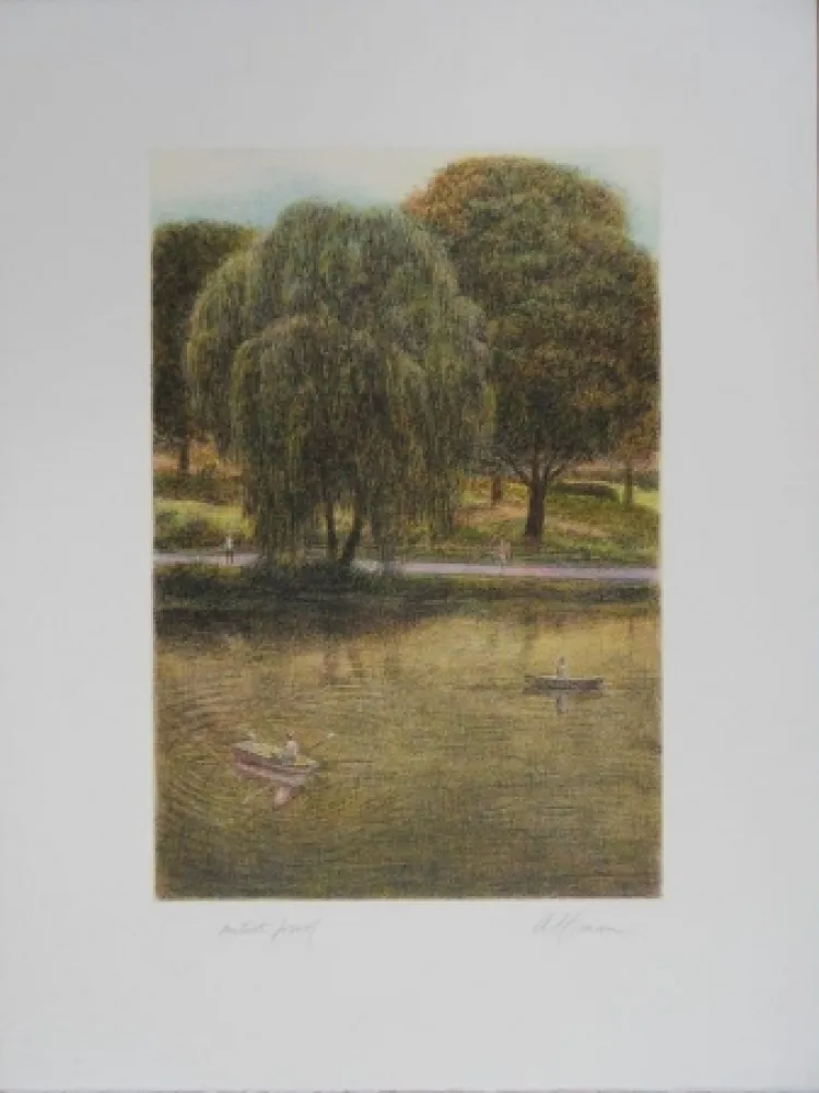 Lithograph Altman - Central Park - The Boats