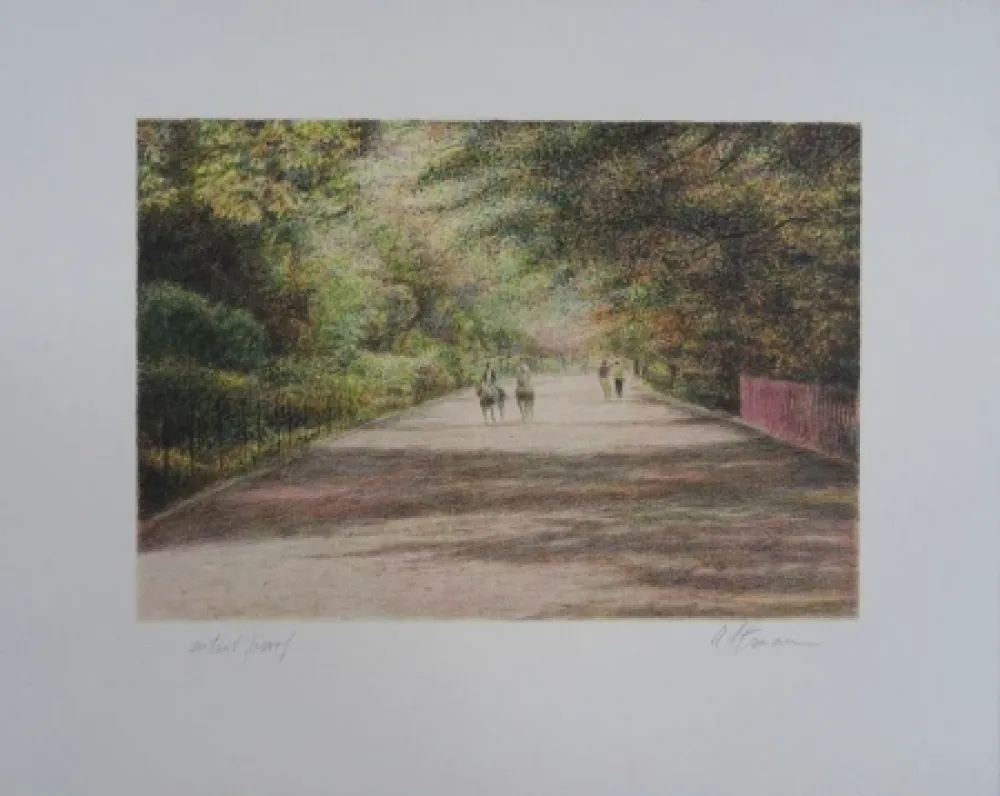 Lithograph Altman - Central Park - The horses