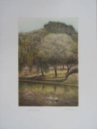 Lithograph Altman - Central Park - The Lake
