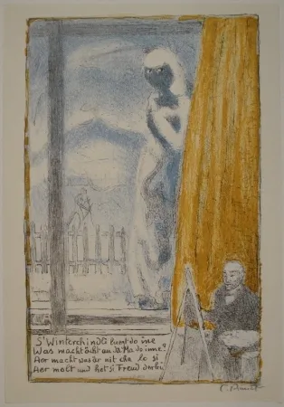 Lithograph Amiet - Selbstbildnis vor der Staffelei (Winterbild)
