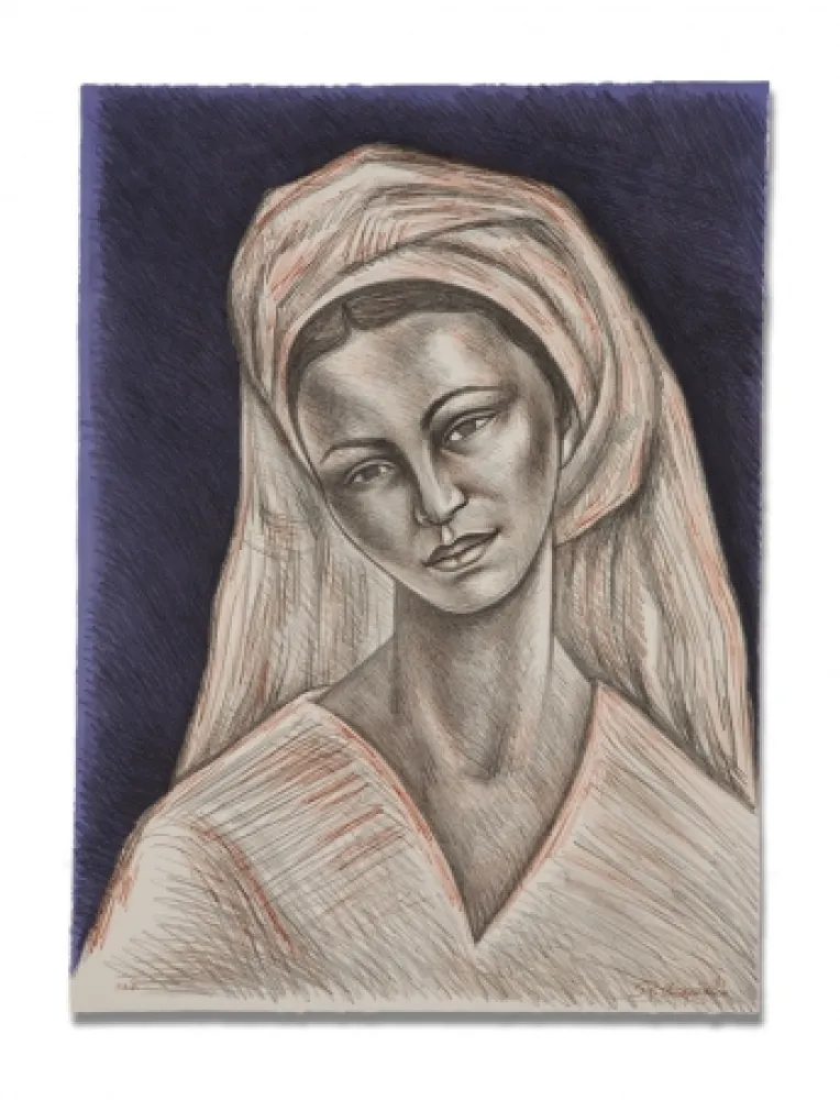 Lithograph Anguiano - Mujer con rebozo blanco
