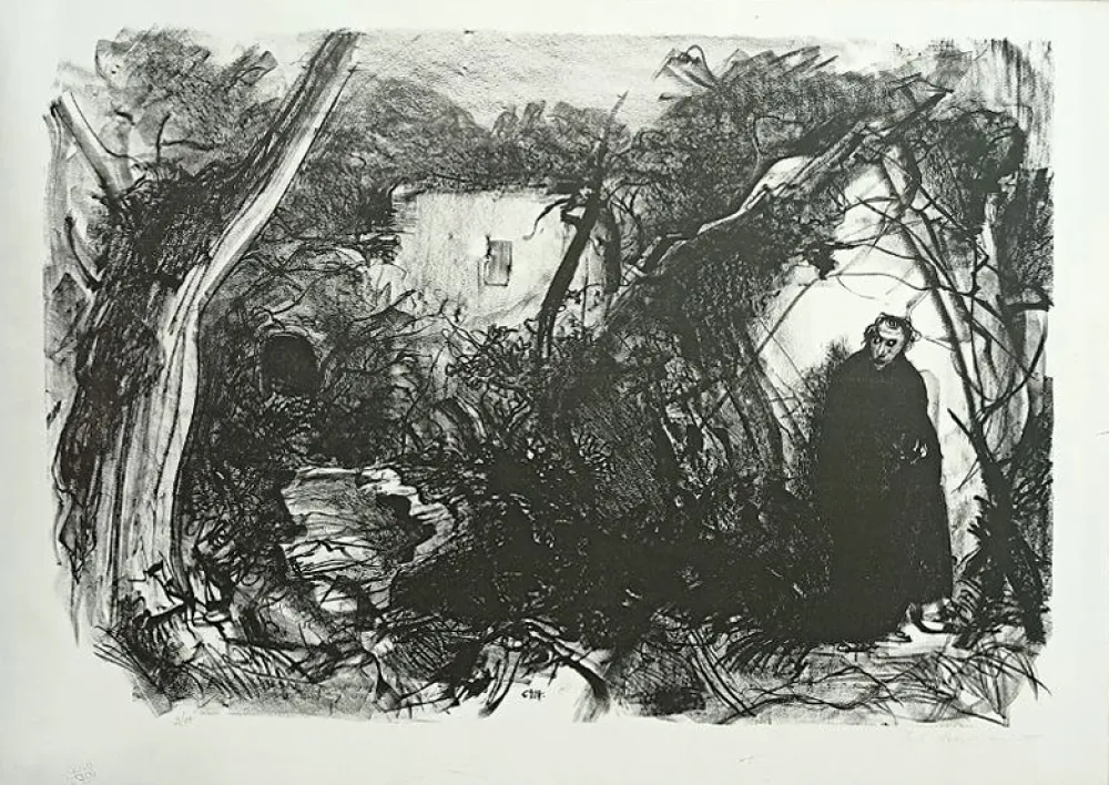 Lithograph Annigoni - VIANDANTE CON MANTELLO