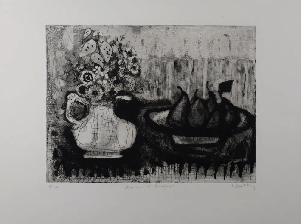 Etching Anonyme - Poires et bouquet, c.1960