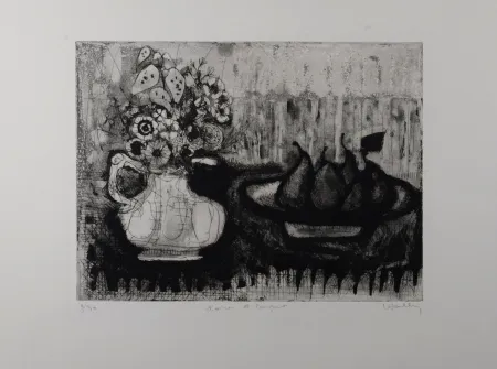 Etching Anonyme - Poires et bouquet, c.1960