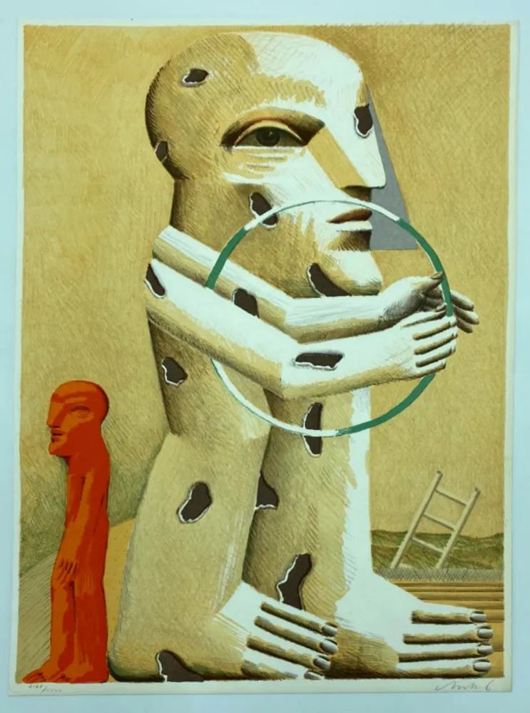 Lithograph Antes - Gefleckte Figur mit Reif, kleiner Figur und Leiter
