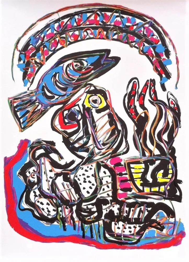 Lithograph Appel - Composition avec Poisson et Tête