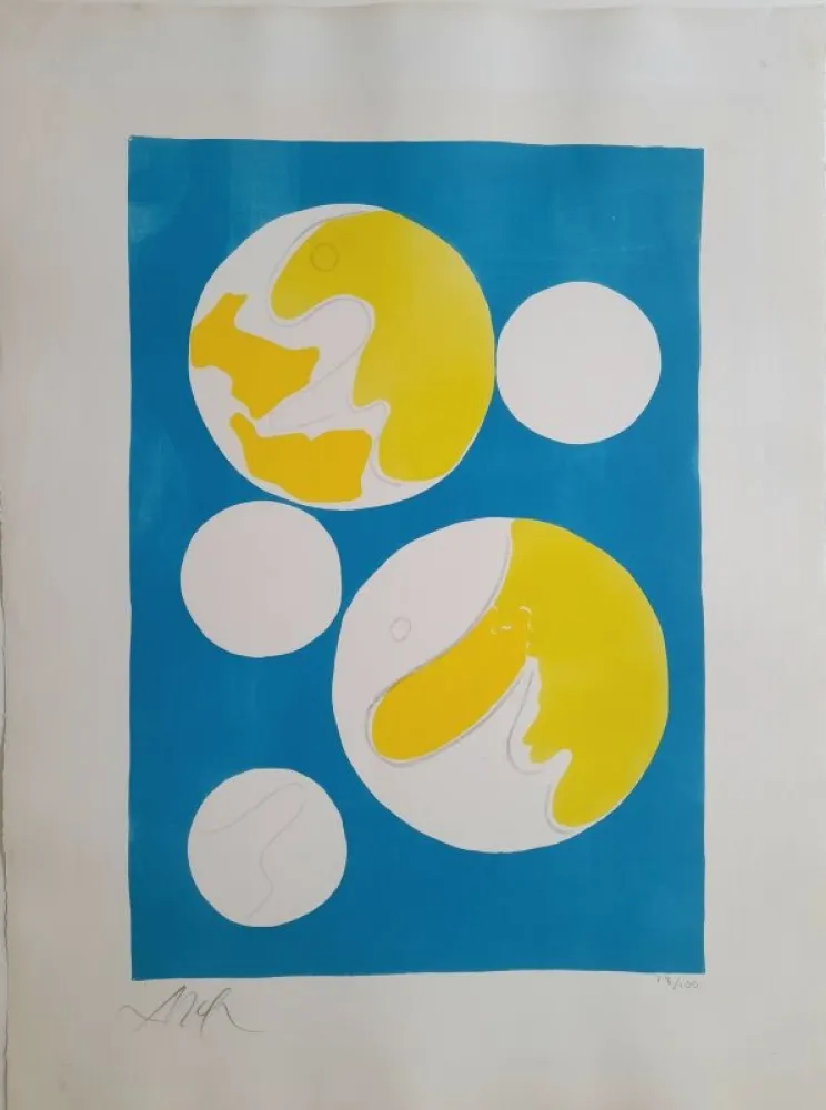 Lithograph Arp - Cinq lunes sur fond bleu 