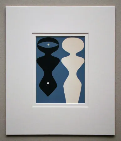Woodcut Arp - Deux figures sur fond bleu