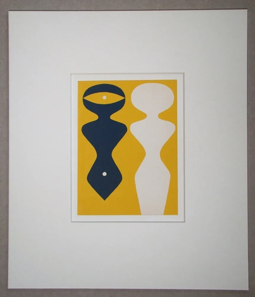 Woodcut Arp - Deux figures sur fond jaune