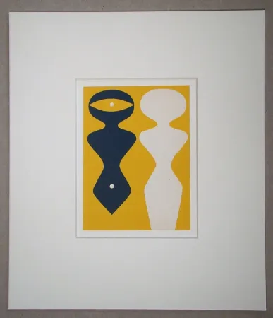 Woodcut Arp - Deux figures sur fond jaune