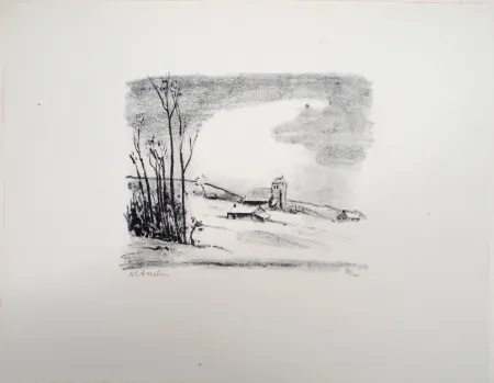 Lithograph Asselin - Paysage : campagne parisienne enneigée