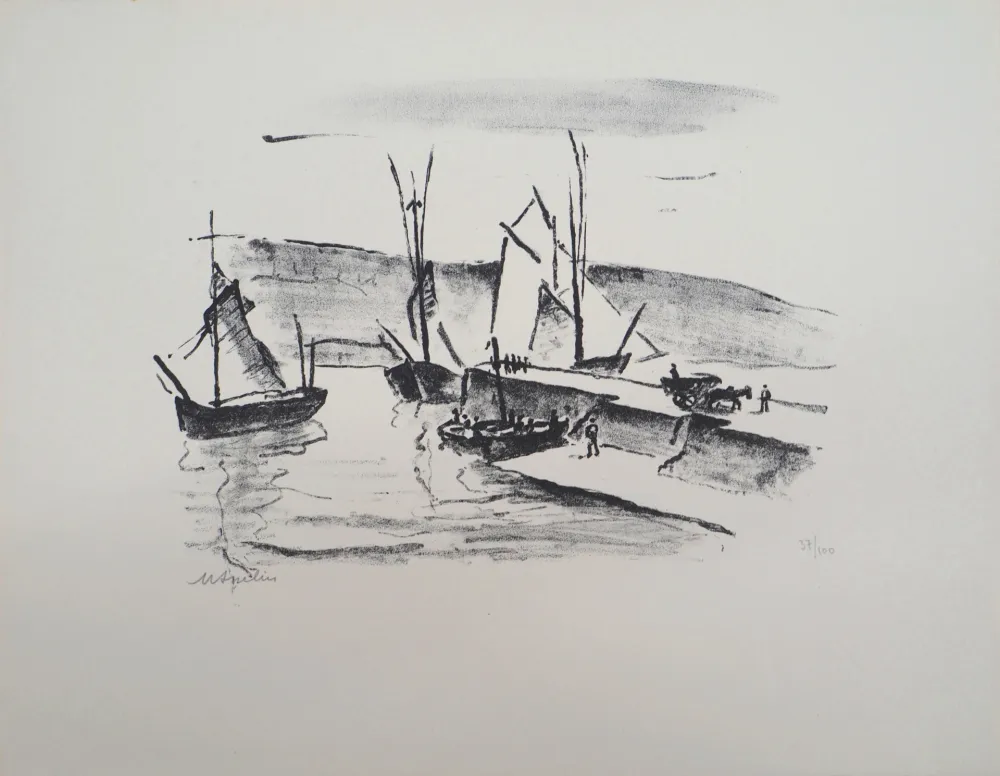 Lithograph Asselin - Paysage du Finistère : la jetée à Concarneau