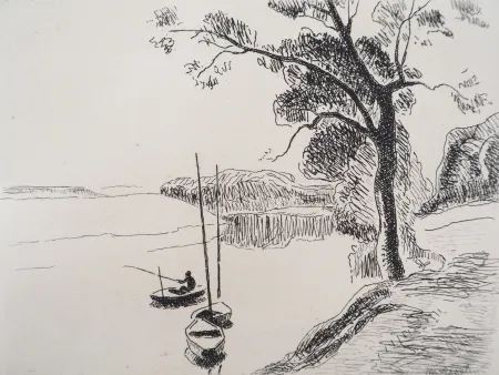 Etching Asselin - Paysage: la Seine au bois de Boulogne