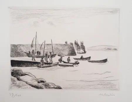 Etching Asselin -  Paysage, petit port breton