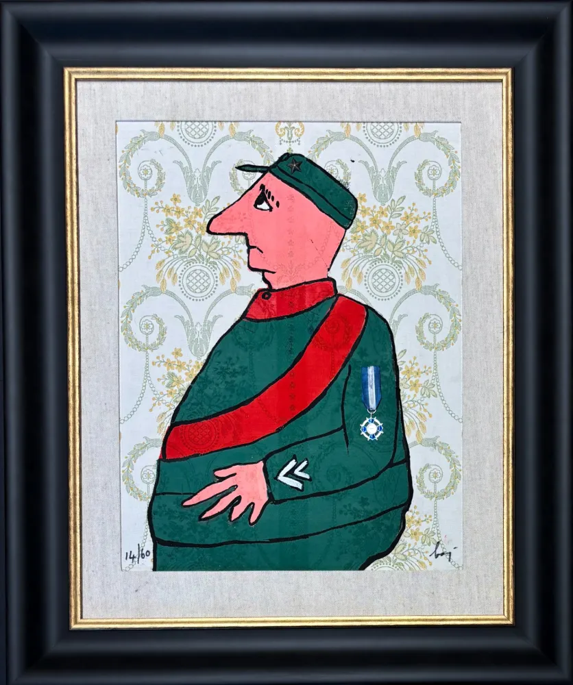 Etching Baj - Enrico Baj (1924–2003) – Caporal – Color etching and collage on brocade – 1972