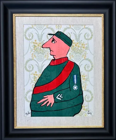 Etching Baj - Enrico Baj (1924–2003) – Caporal – Color etching and collage on brocade – 1972