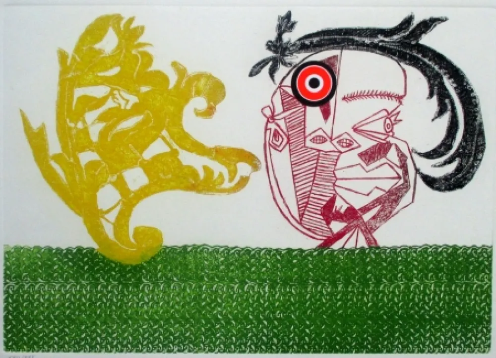 Etching Baj - Pecheur sur la plage