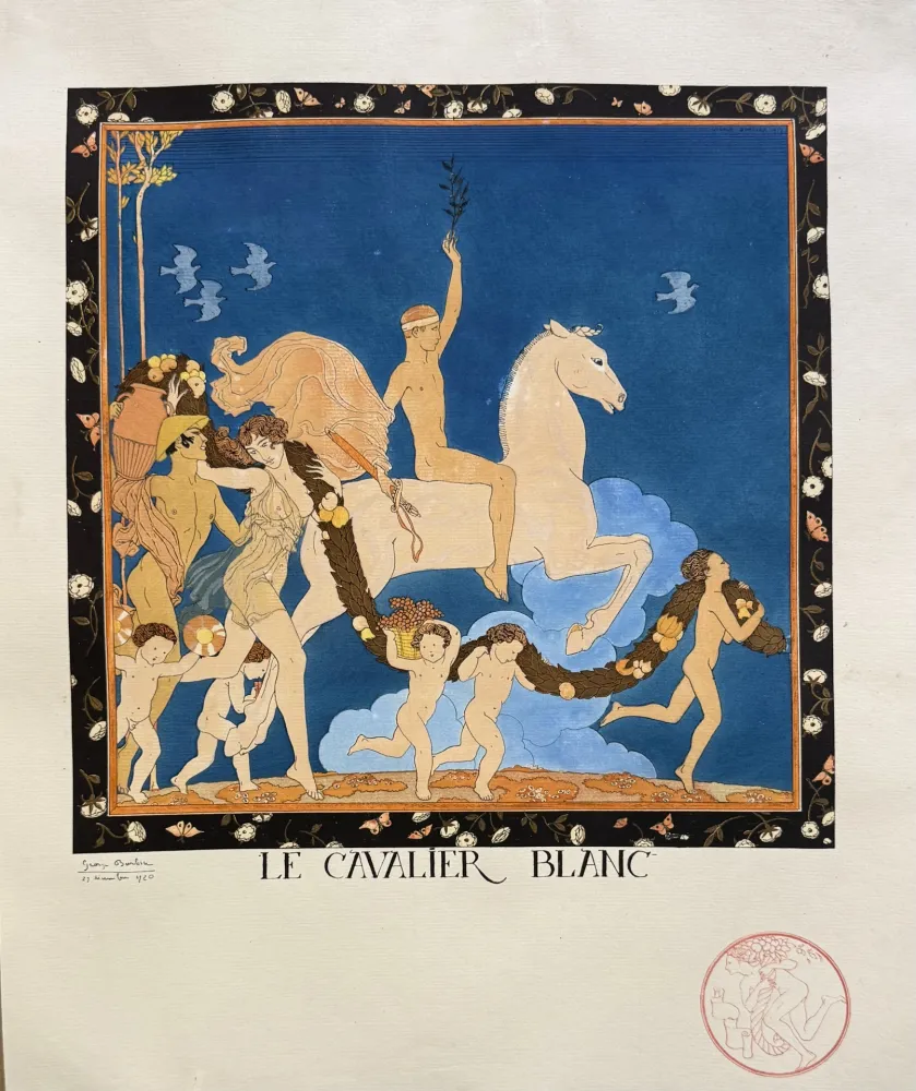 Lithograph Barbier - Le Cavalier Blanc, Signée a la main