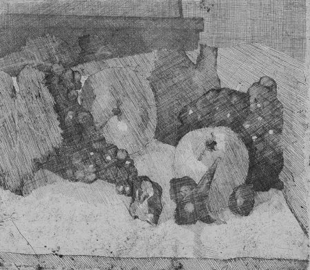 Engraving Barbisan - Natura morta con uva e fichi