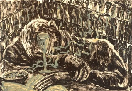 Lithograph Barcelo - Jeune homme ivre dans un bar.