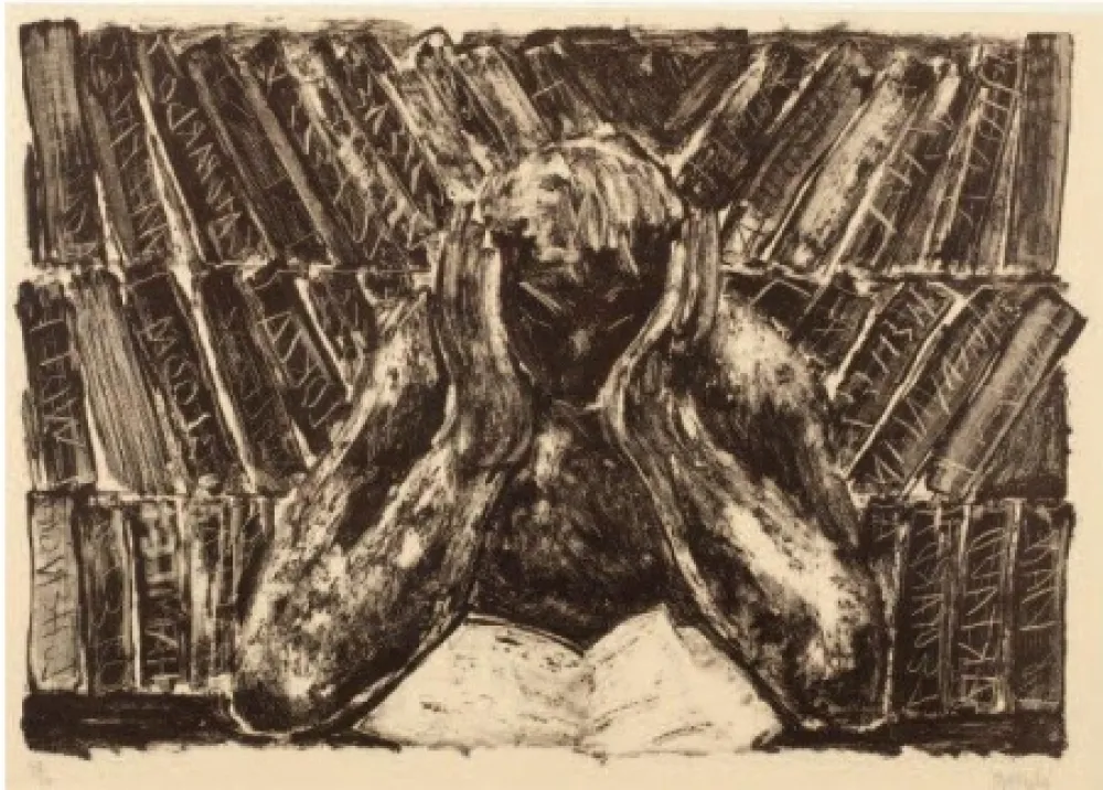 Lithograph Barcelo - Untitled (Reading in a Library)