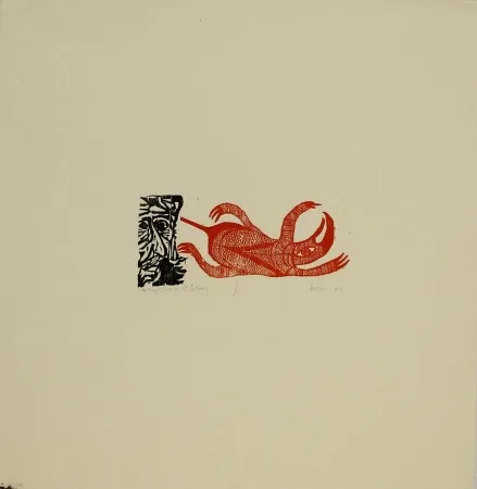 Woodcut Baskin - The Temptation of St. Anthony / St. Anthony with the Red Monster