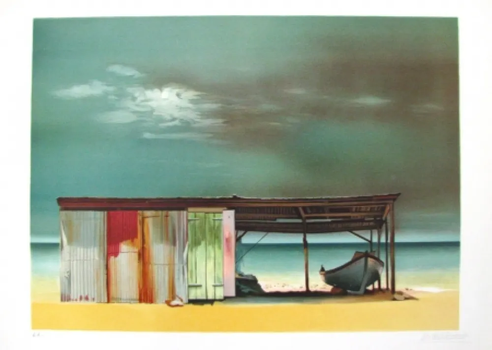 Lithograph Battut - Baraque sur la plage
