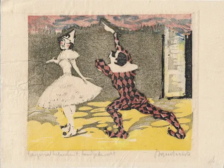 Woodcut Baudnik - Harlequin & Columbine