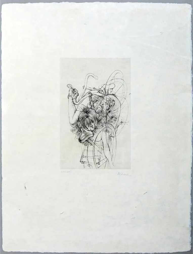 Etching Bellmer - Jeune fille à la bicyclette, signée (1970)