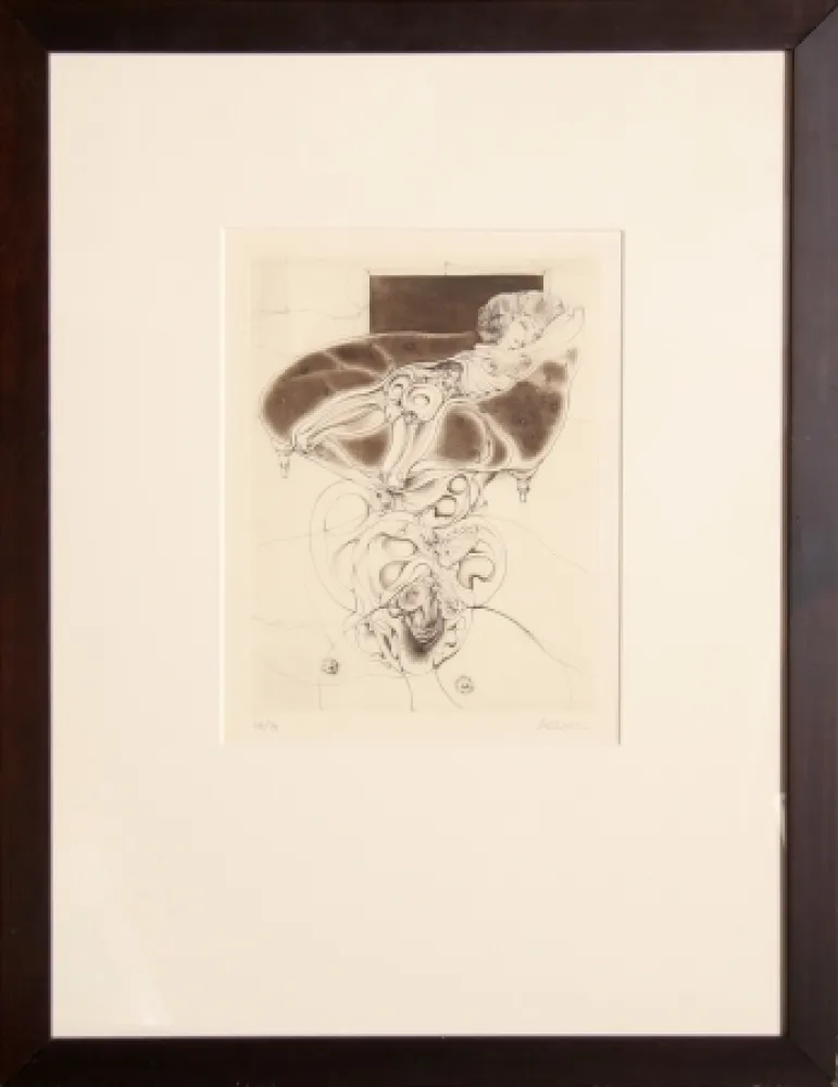 Etching Bellmer - La petite fille sur canape noir