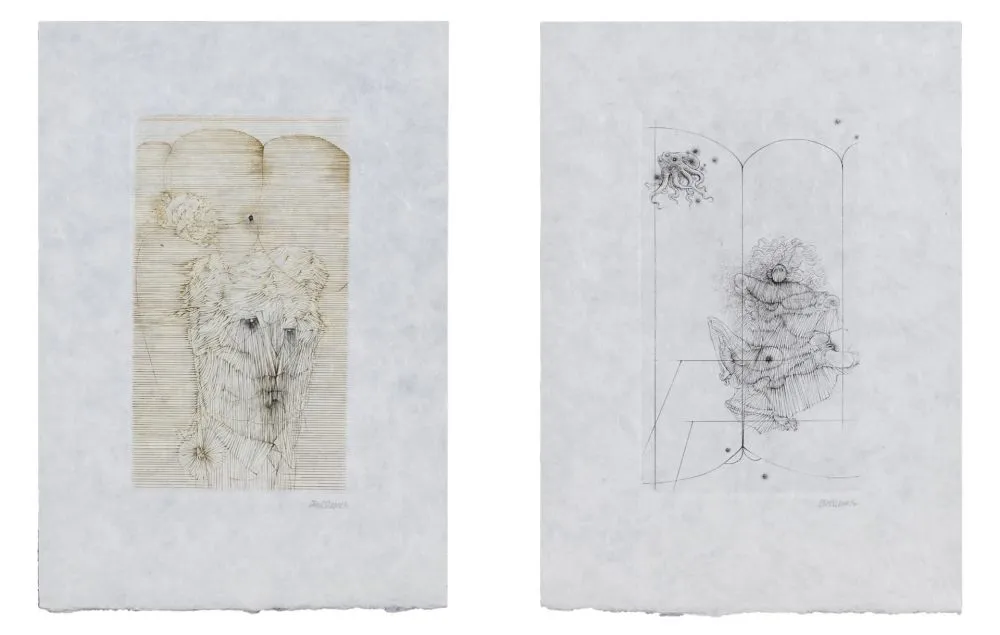 Etching Bellmer - MODE D'EMPLOI. Suite des 7 gravures signées sur Japon nacré (1967)