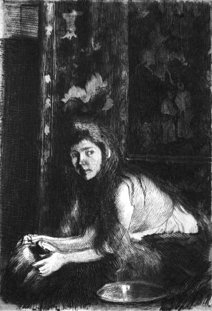 Engraving Besnard - La femme au vase