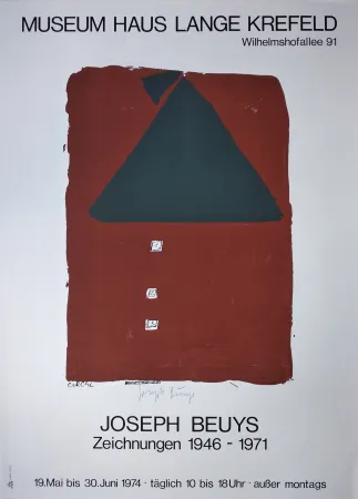 Screenprint Beuys - „Museum Haus Lange Krefeld. Wilhelmshofallee 91. Joseph Beuys. Zeichnungen 1946-1971. 19. Mai bis 30. Juni 1974 · täglich 10 bis 18 Uhr · ausser montags“.