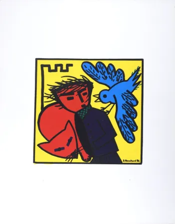 Lithograph Blanchard - Oiseau, personnage et chat