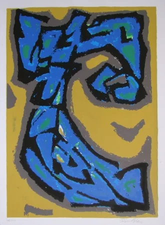 Lithograph Blass - Composition blau auf ocker