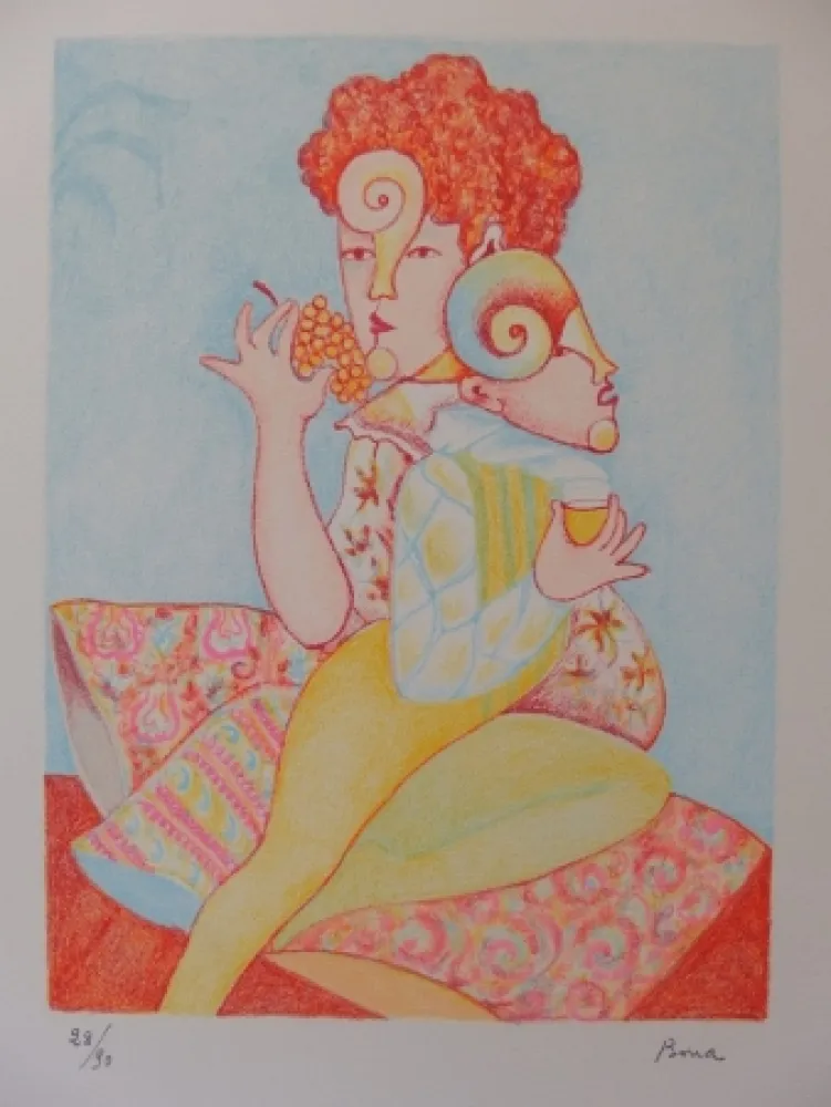 Lithograph Bona - Mangeuse de raisin, buveur de vin