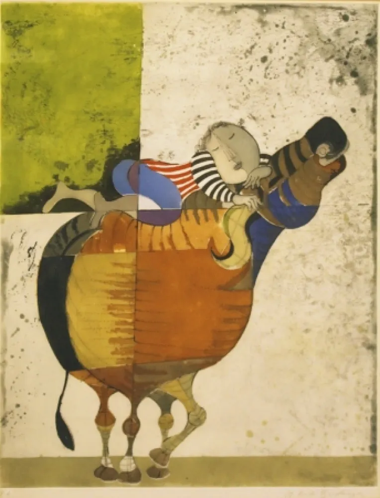 Engraving Boulanger - Enfant sur vache