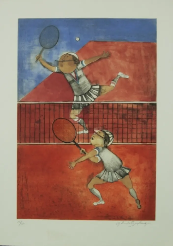 Lithograph Boulanger - TWO GIRLS PLAYING TENNIS