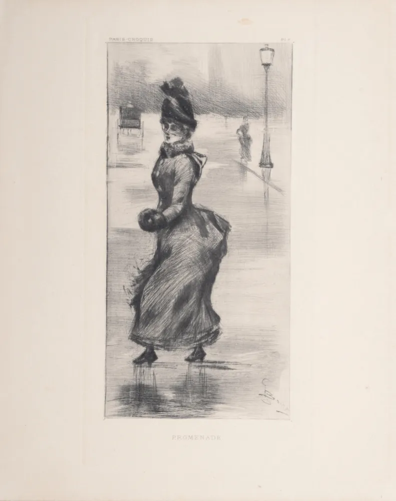Drypoint Boutet - Femme élégante, Promenade à Paris, c. 1890