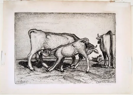 Etching Bozzetti - LA VACCA E IL BOCCINO (The cow and the calf), fourth version. 