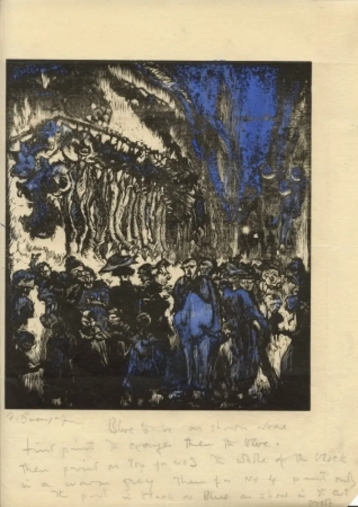 Woodcut Brangwyn   - Street Scene