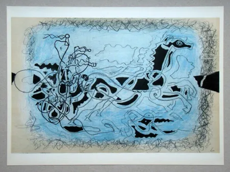 Lithograph Braque (After) - Char noir sur fond bleu