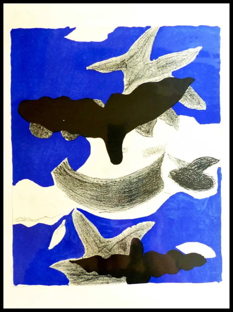 Lithograph Braque (After) - LES OISEAUX FOND BLEU