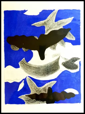 Lithograph Braque (After) - LES OISEAUX FOND BLEU